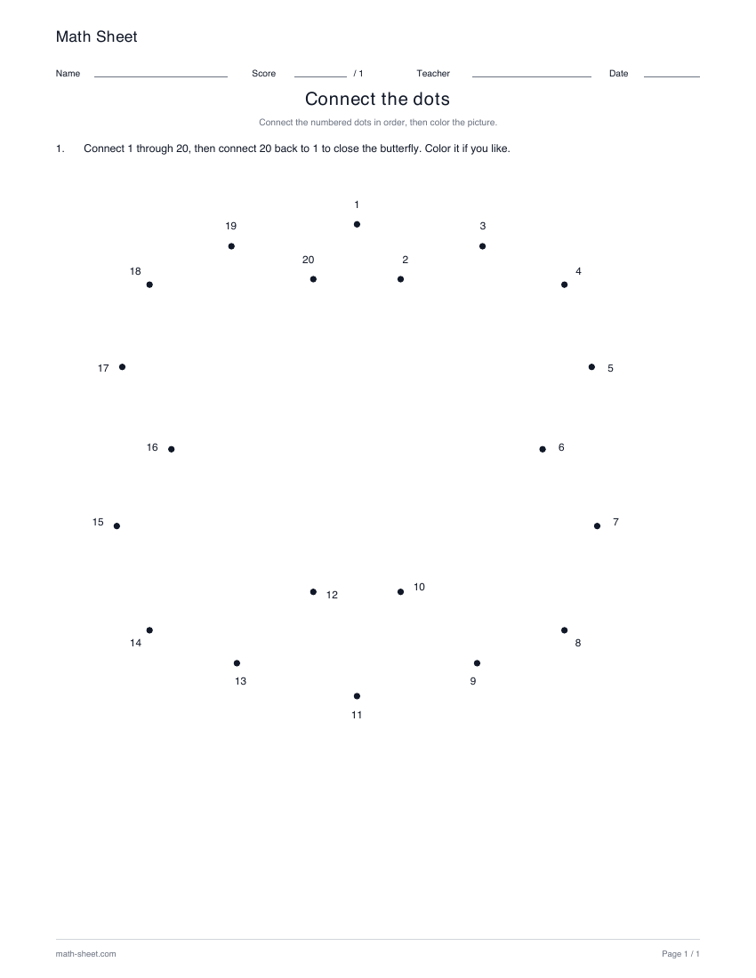 Butterfly · 1–20: printable numbered dot picture