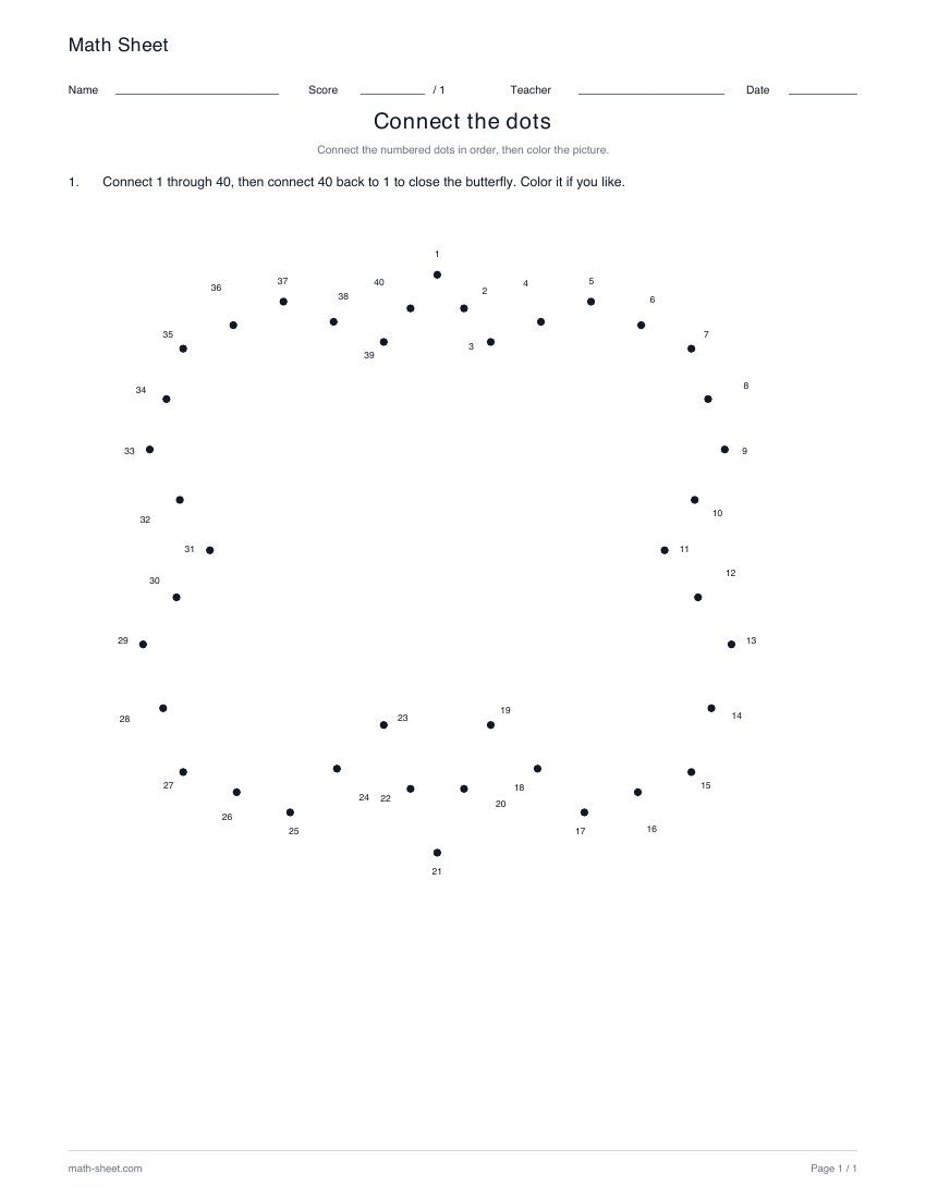 Butterfly · 1–40: printable numbered dot picture