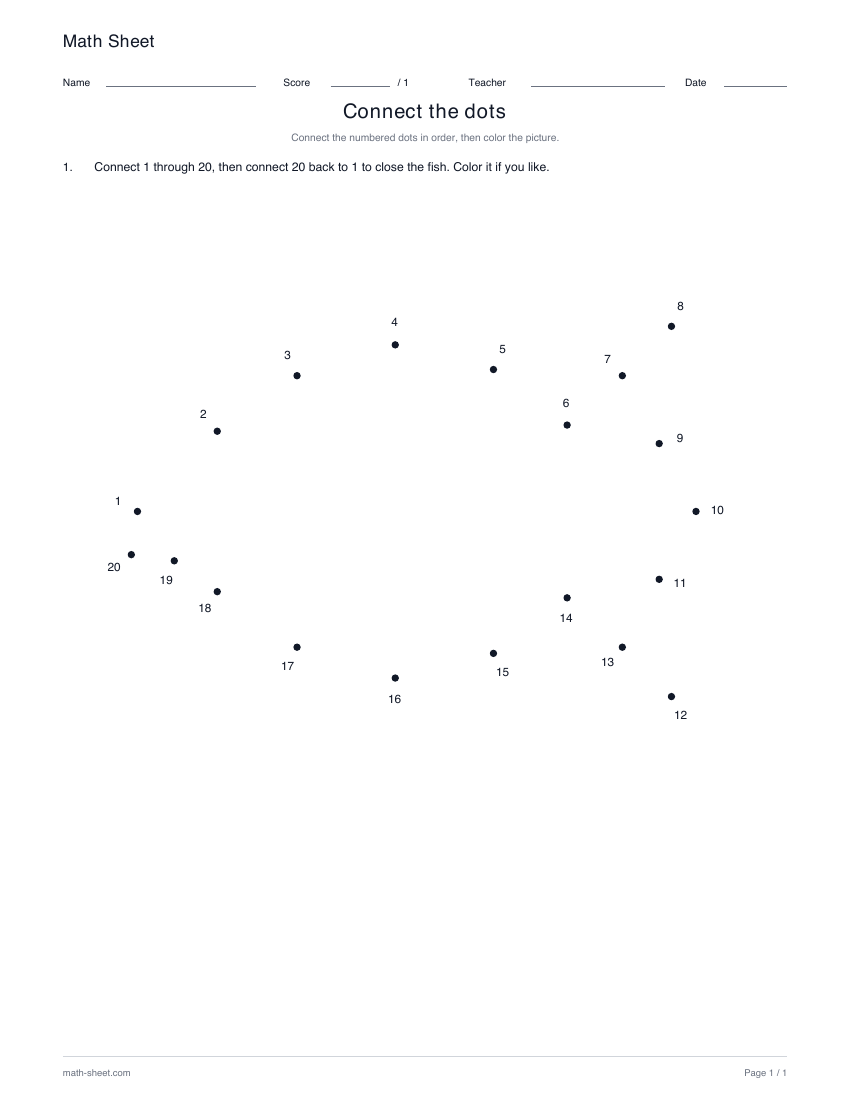 Fish · 1–20: printable numbered dot picture