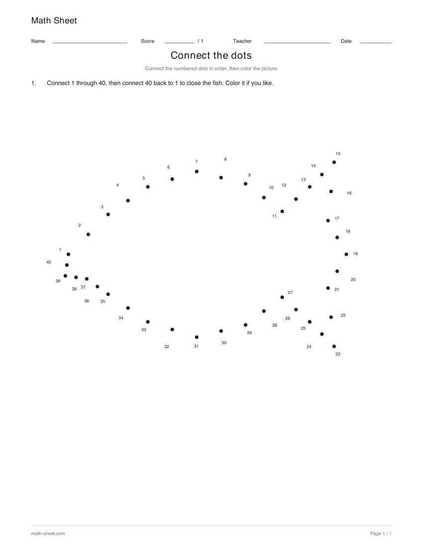 Fish · 1–40: printable numbered dot picture