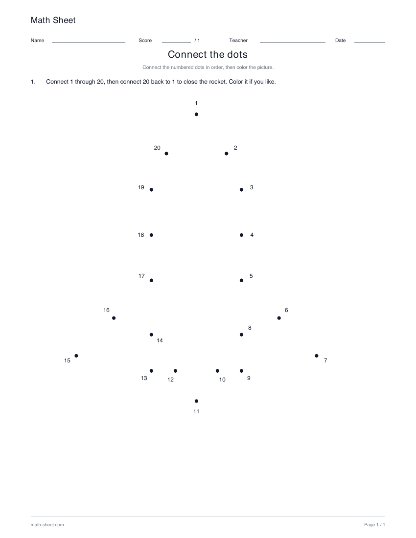 Rocket · 1–20: printable numbered dot picture