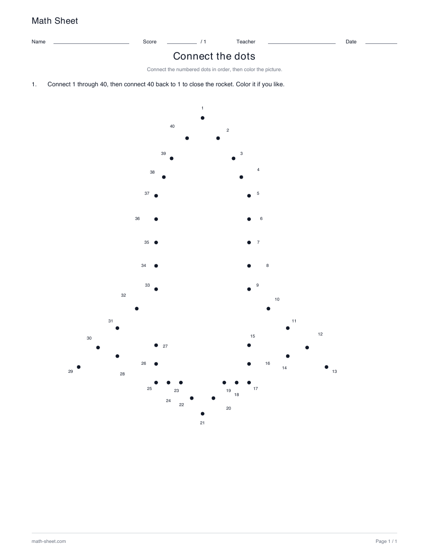 Rocket · 1–40: printable numbered dot picture