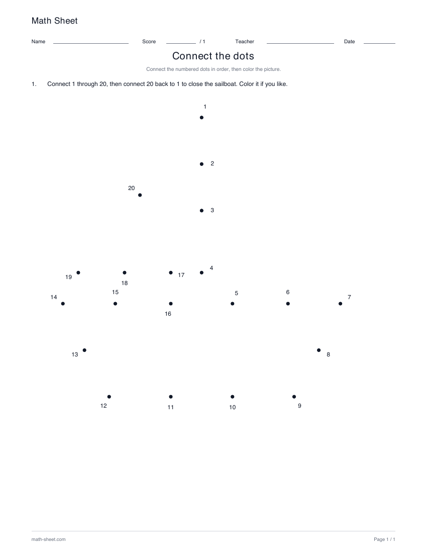 Sailboat · 1–20: printable numbered dot picture
