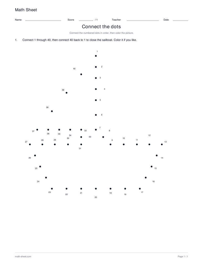 Sailboat · 1–40: printable numbered dot picture