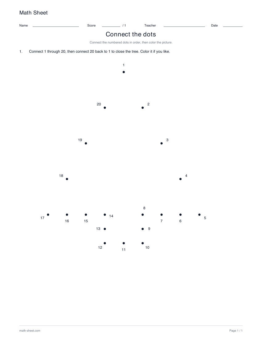 Tree · 1–20: printable numbered dot picture