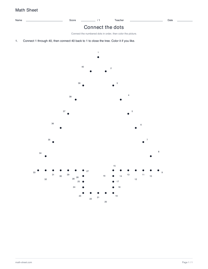 Tree · 1–40: printable numbered dot picture