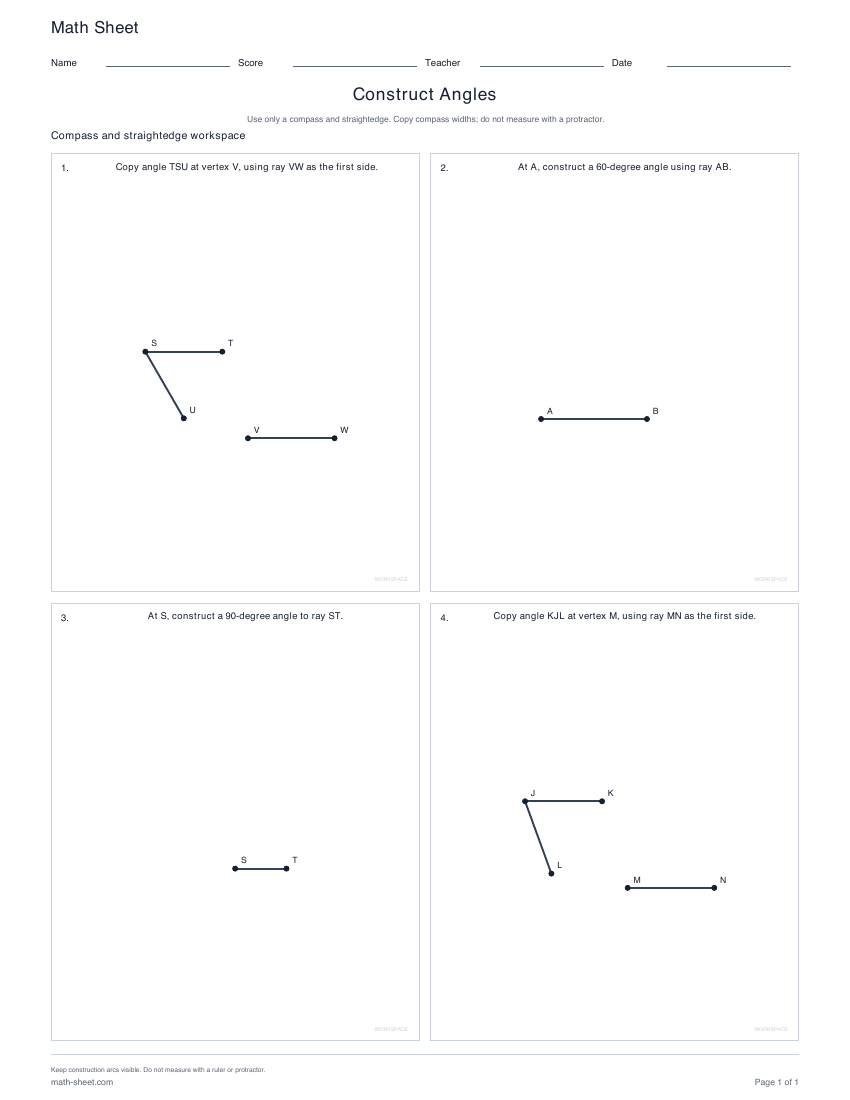 First page preview: Angle Construction Worksheets
