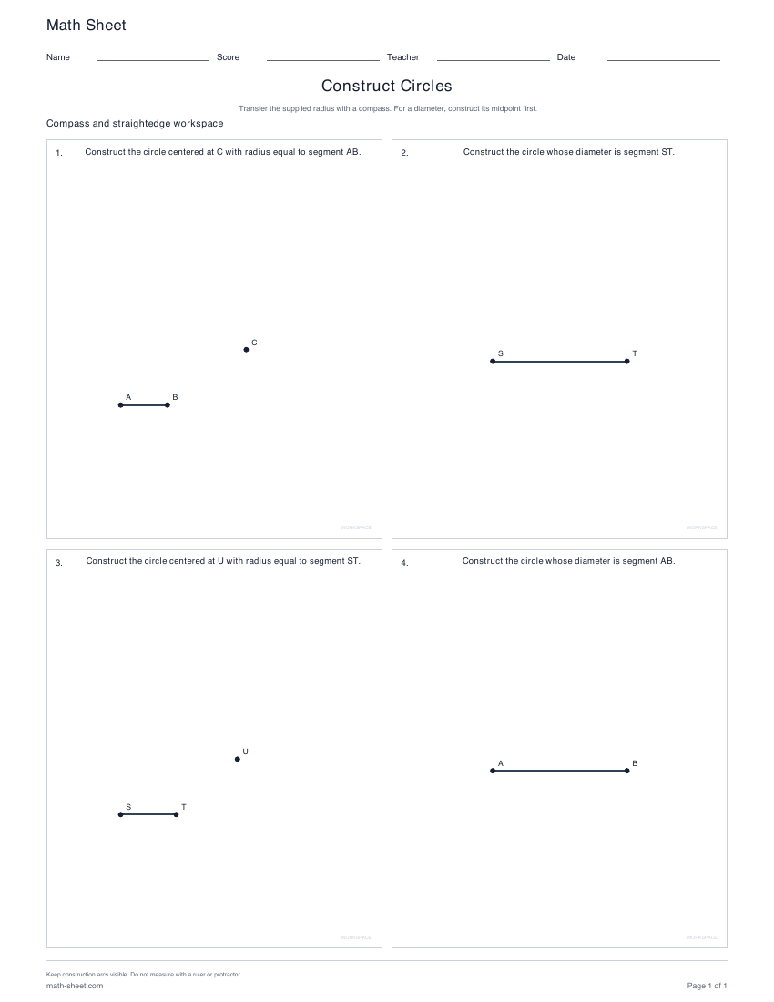 First page preview: Circle Construction Worksheets