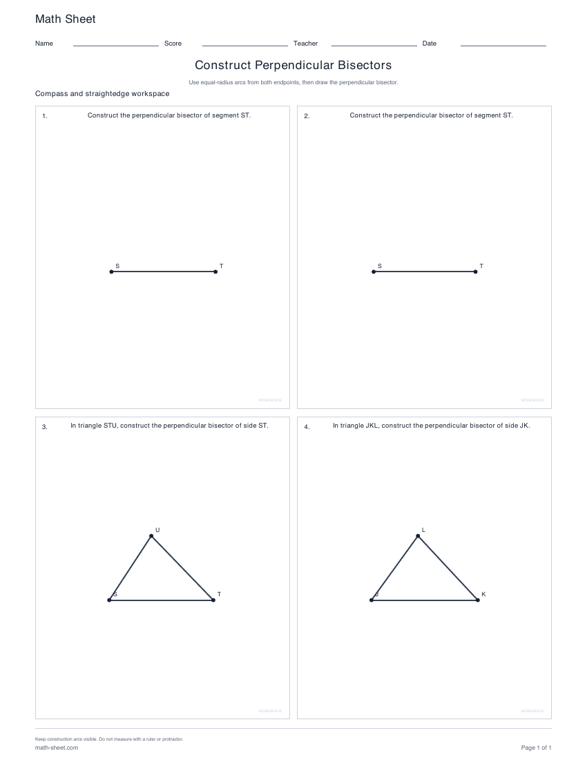 First page preview: Perpendicular Bisector Construction Worksheets