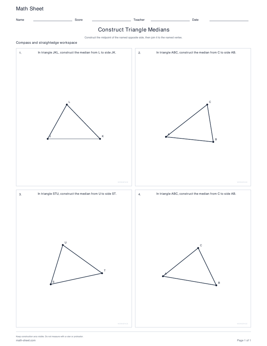 First page preview: Triangle Median Construction Worksheets