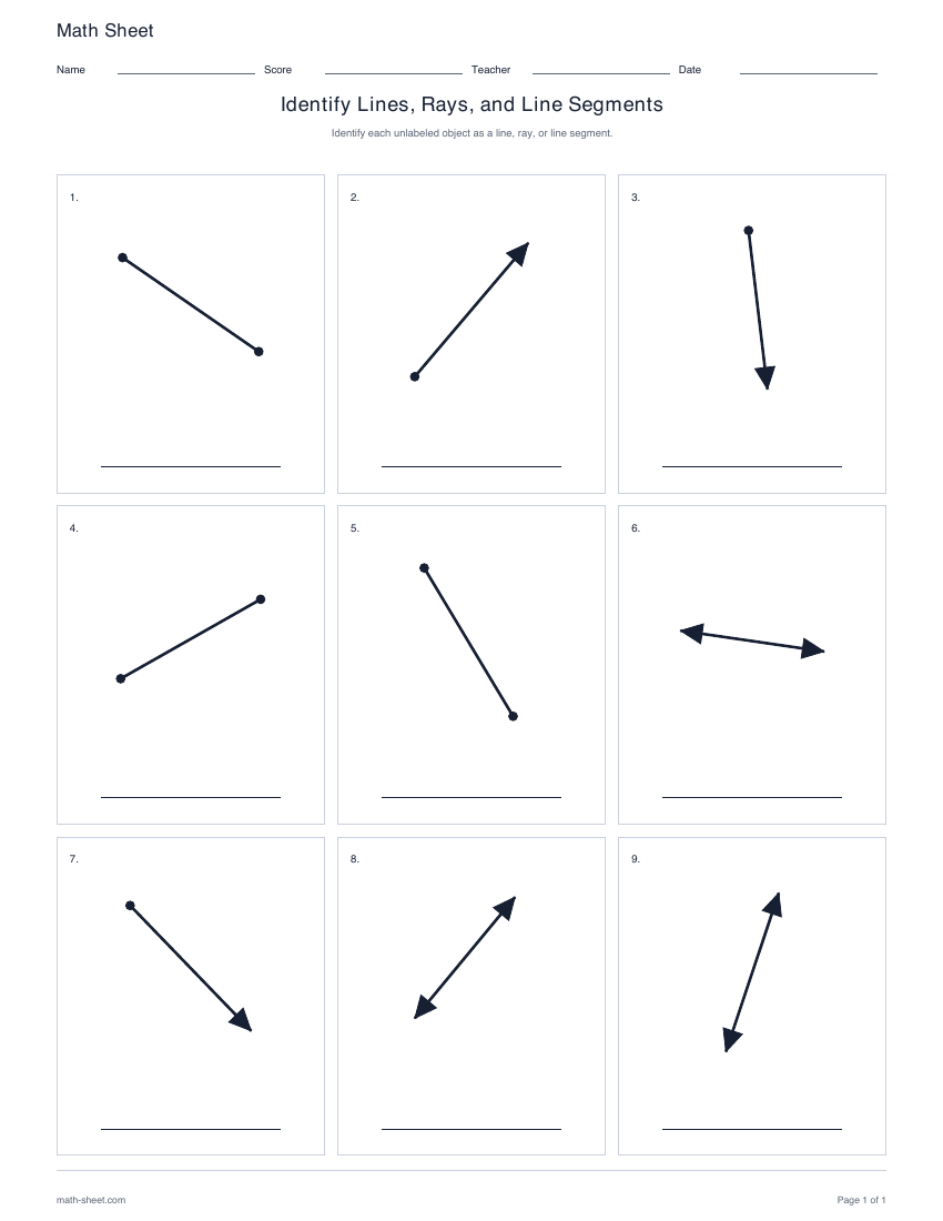First page preview: Identify Lines, Rays, and Line Segments Worksheets