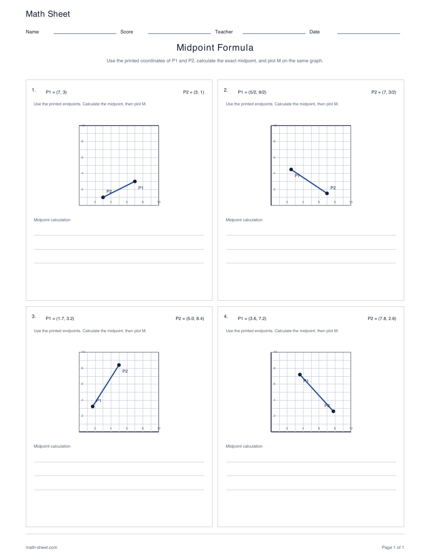 First page preview: Midpoint Formula Worksheets