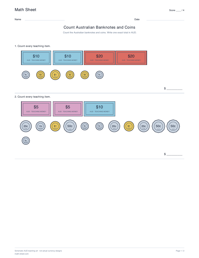 Printable count australian banknotes and coins worksheet preview