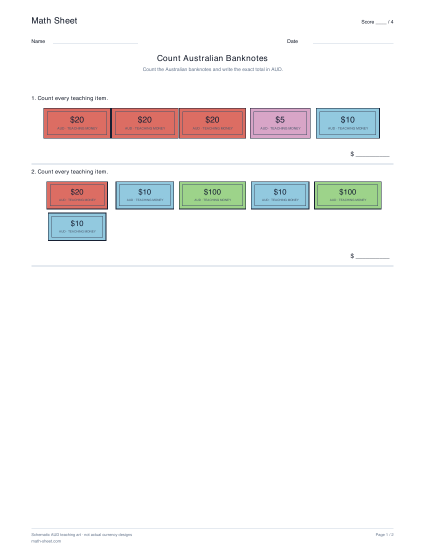 Printable count australian banknotes worksheet preview