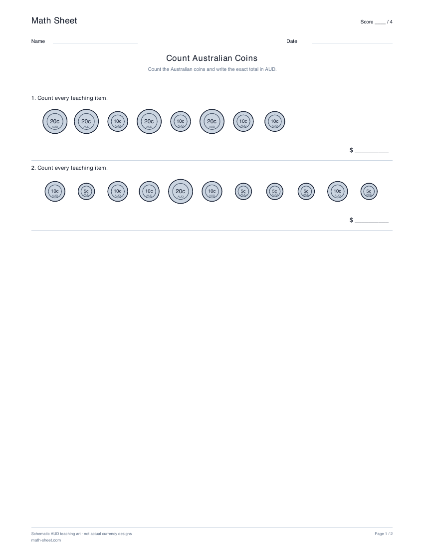 Printable count australian coins worksheet preview