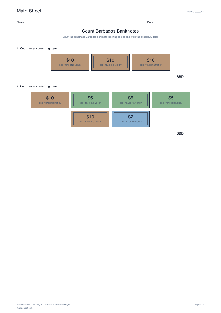 Printable count barbados banknotes worksheet preview