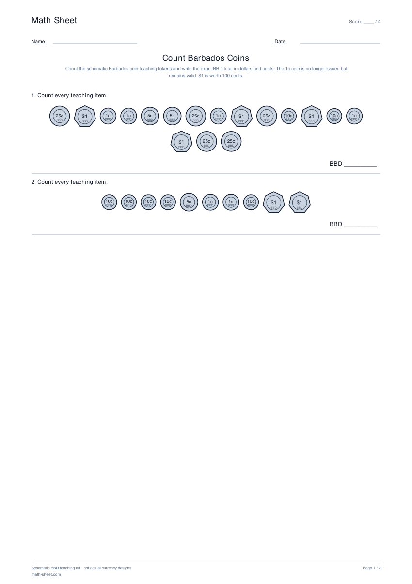 Printable count barbados coins worksheet preview