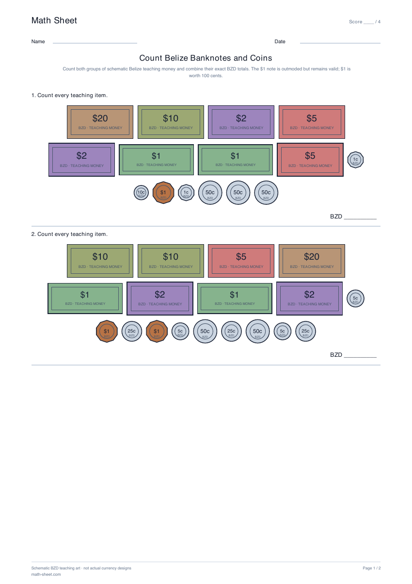 Printable count belize banknotes and coins worksheet preview