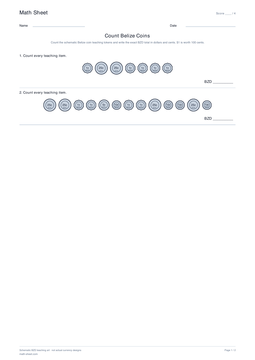 Printable count belize coins worksheet preview