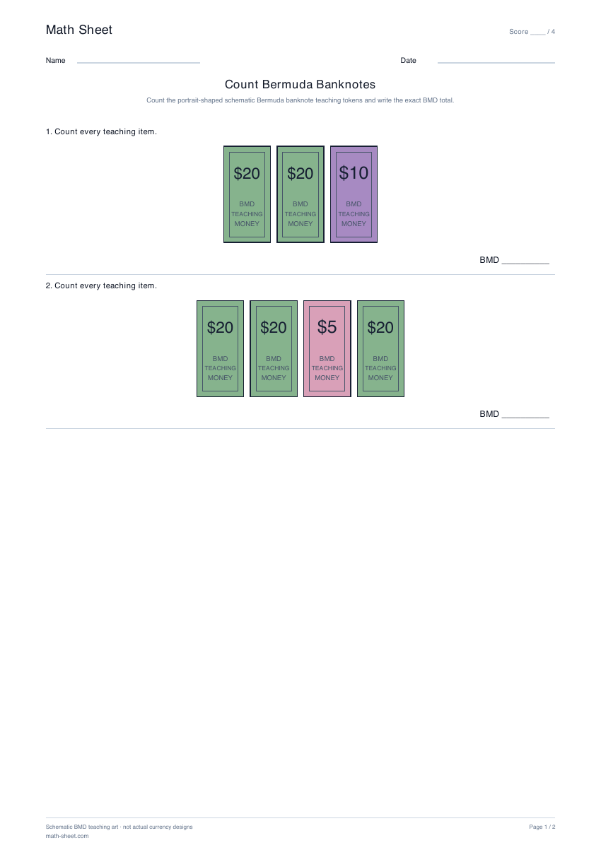 Printable count bermuda banknotes worksheet preview