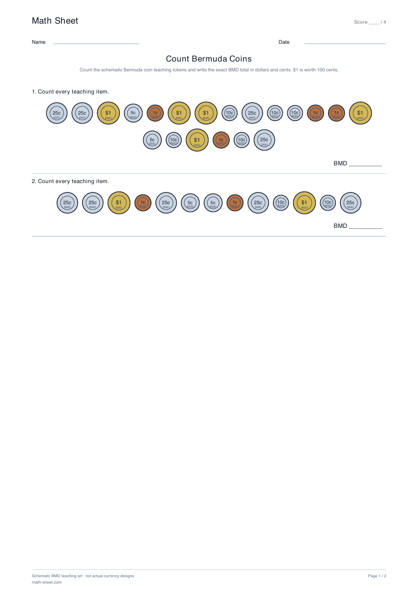 Printable count bermuda coins worksheet preview