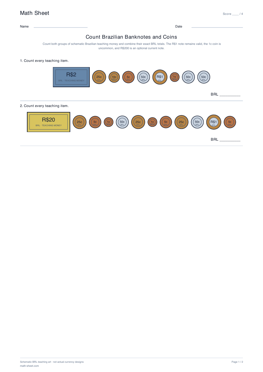 Printable count brazilian banknotes and coins worksheet preview
