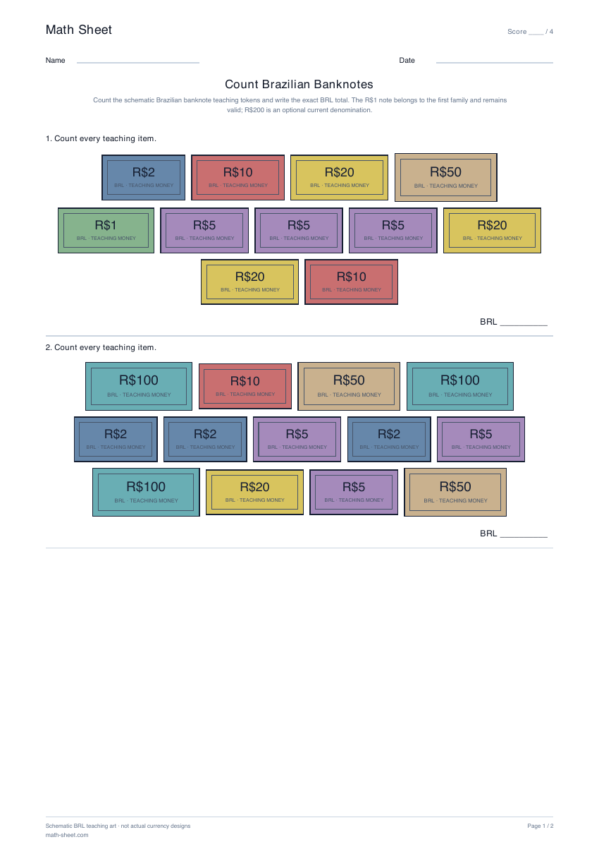 Printable count brazilian banknotes worksheet preview