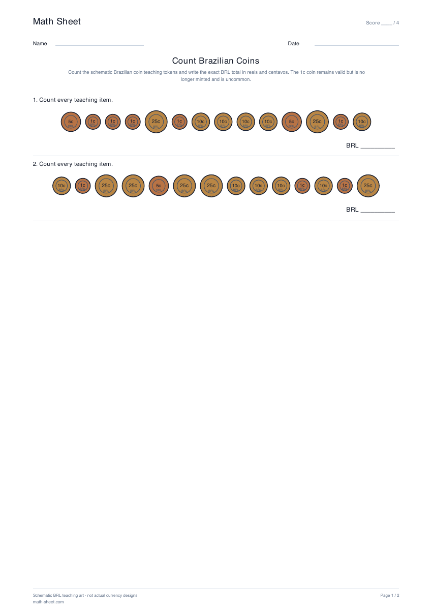 Printable count brazilian coins worksheet preview