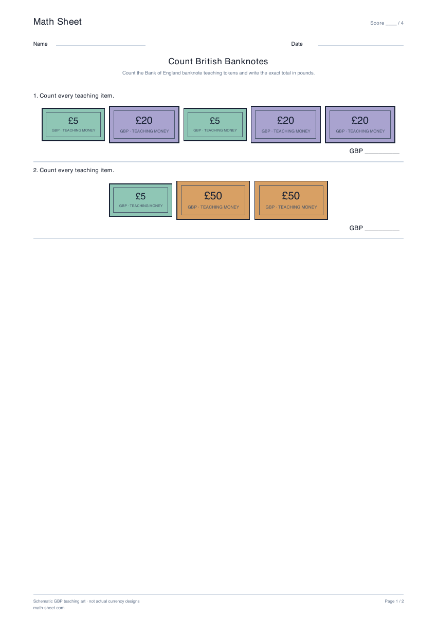 Printable count british banknotes worksheet preview