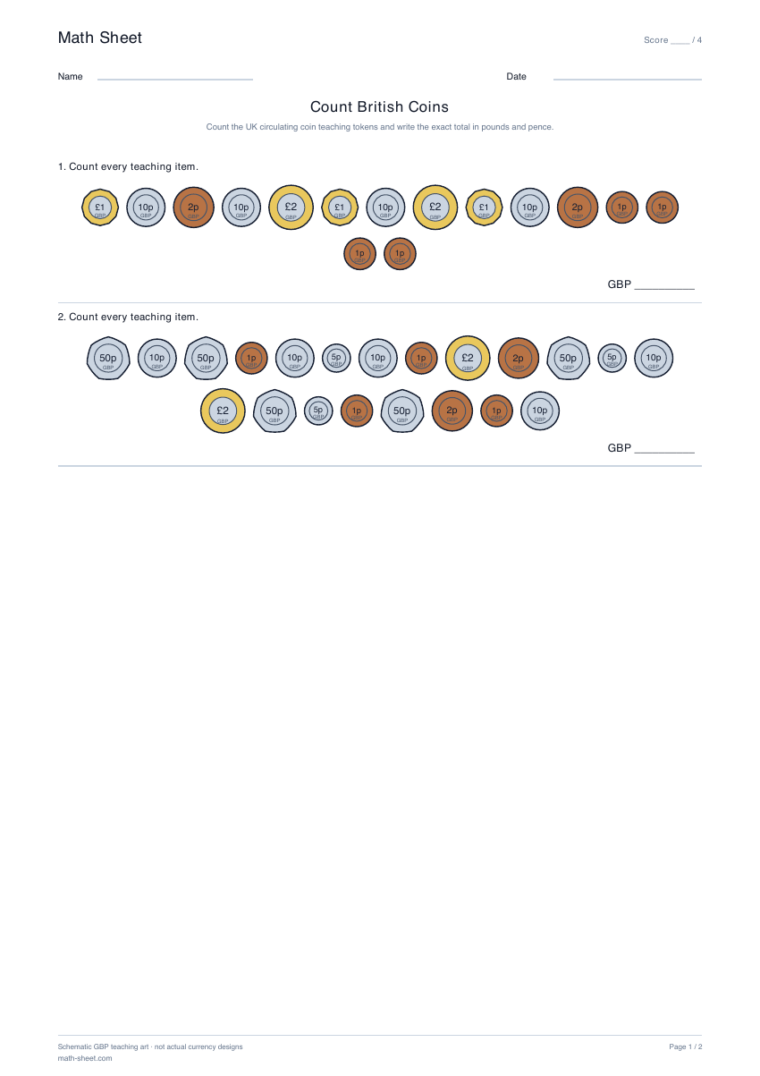 Printable count british coins worksheet preview