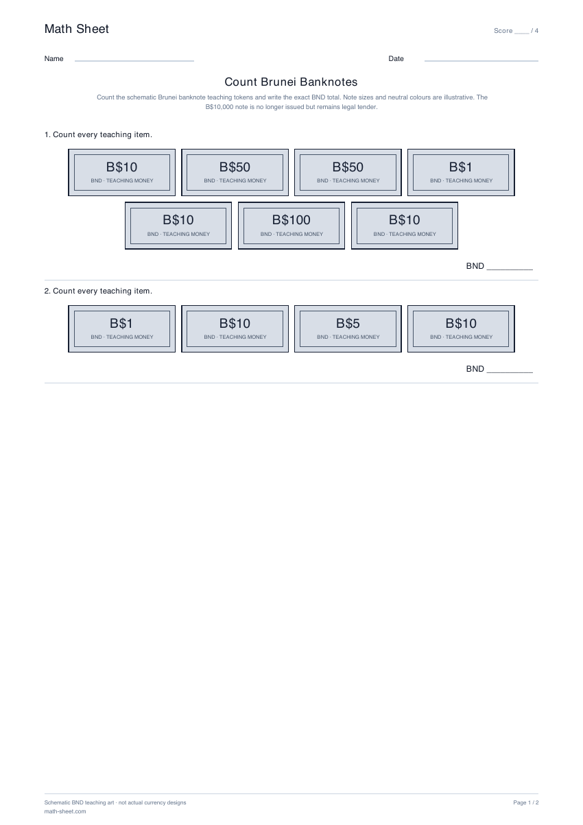 Printable count brunei banknotes worksheet preview