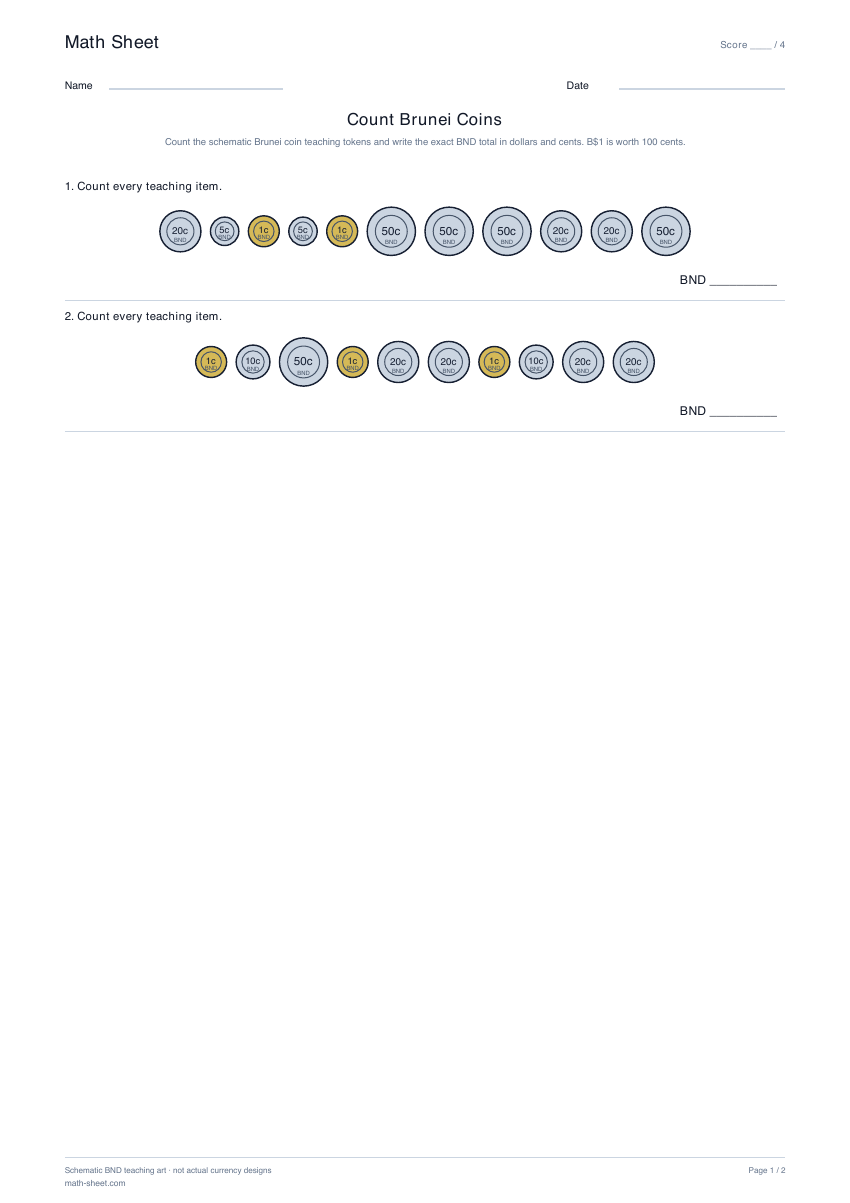 Printable count brunei coins worksheet preview
