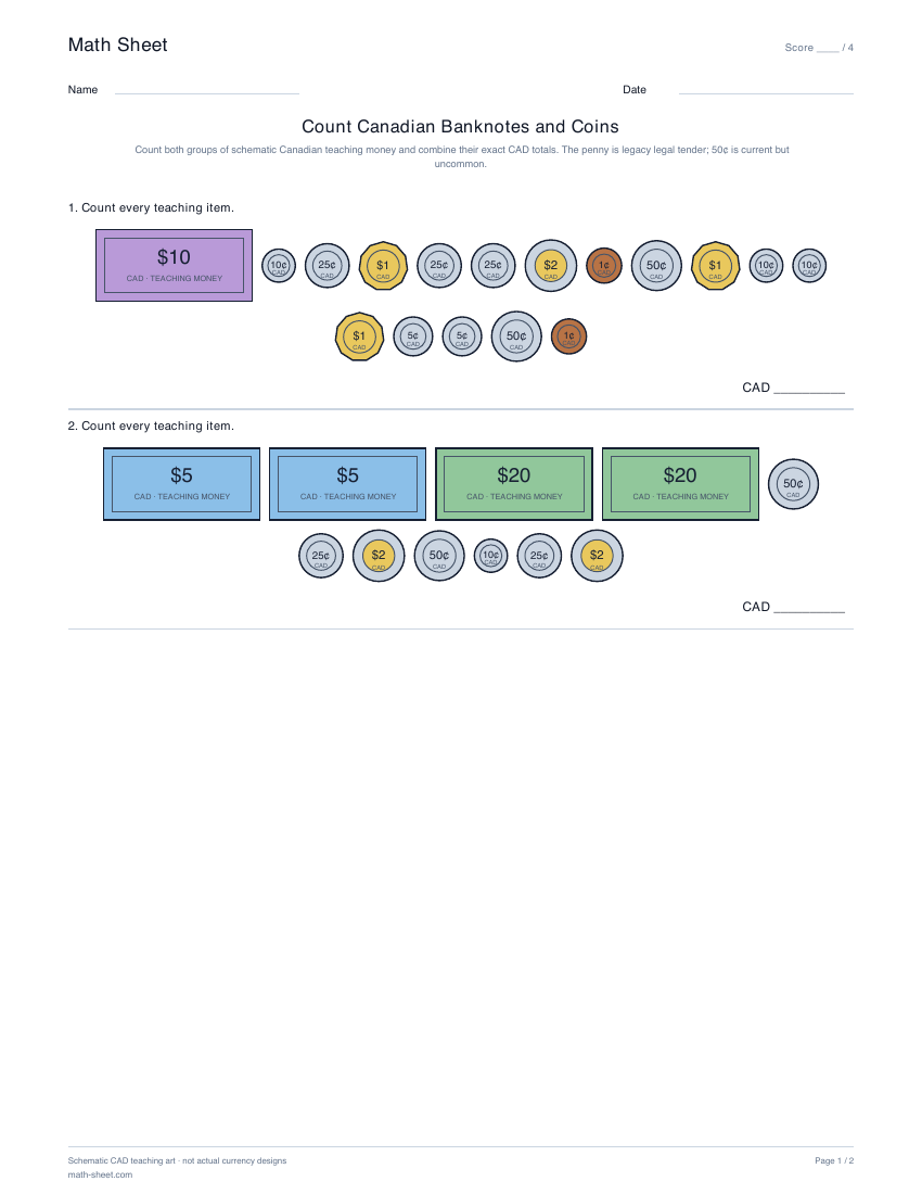 Printable count canadian banknotes and coins worksheet preview