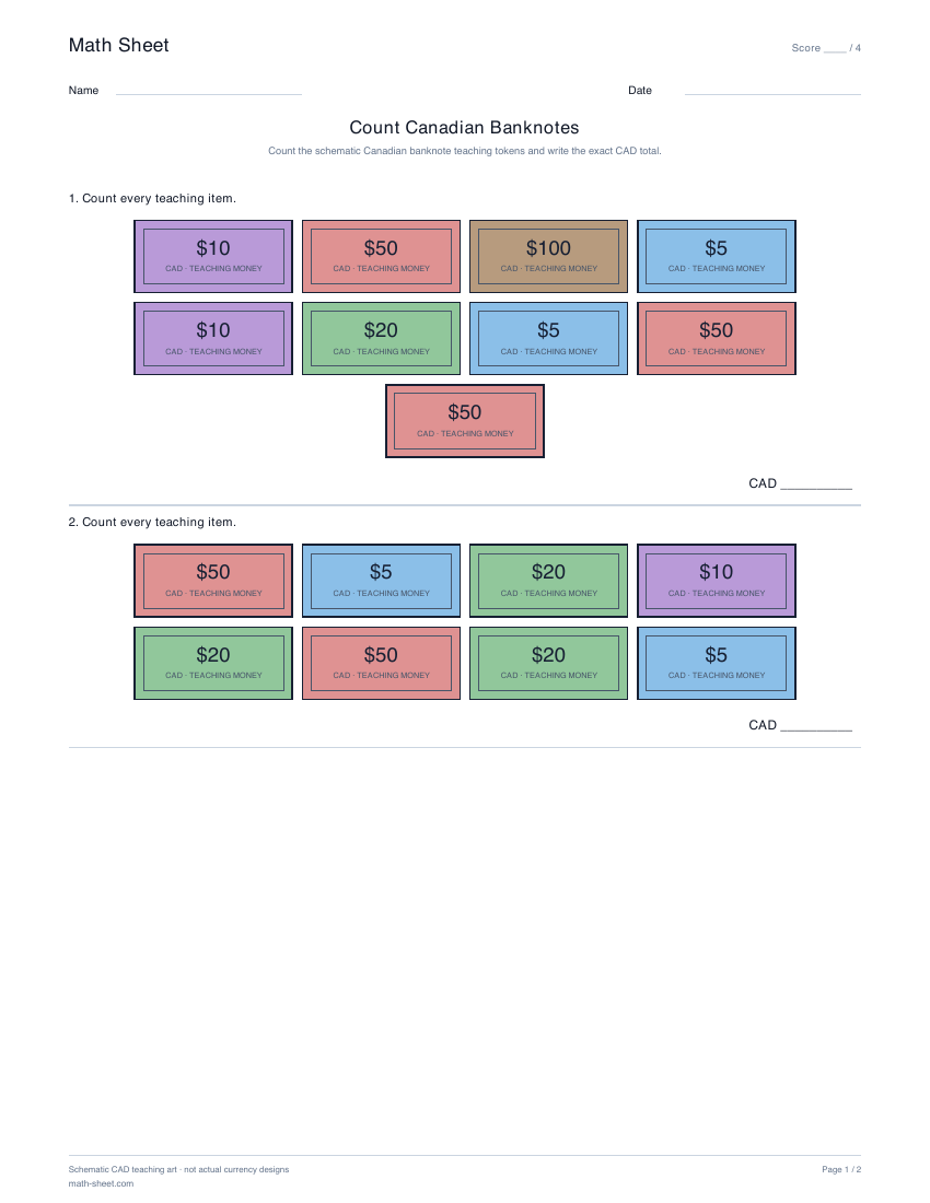 Printable count canadian banknotes worksheet preview