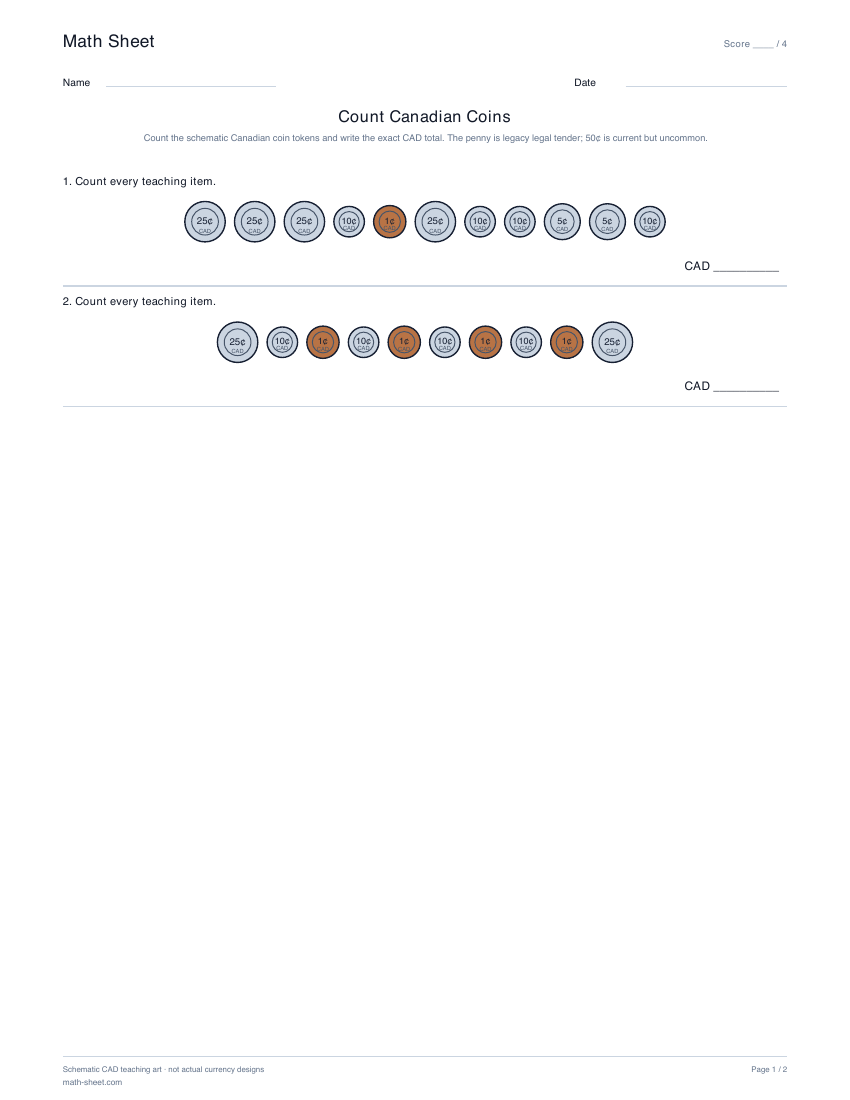 Printable count canadian coins worksheet preview
