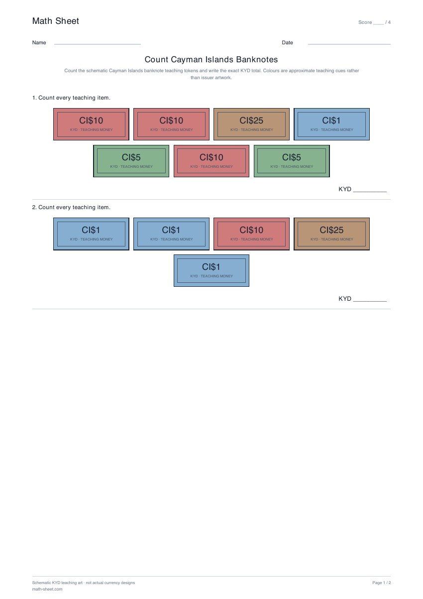 Printable count cayman islands banknotes worksheet preview