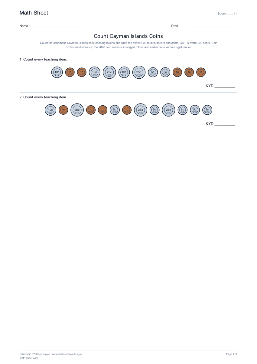 Printable count cayman islands coins worksheet preview