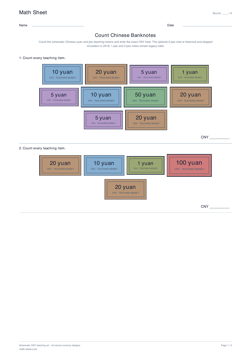 Printable count chinese banknotes worksheet preview