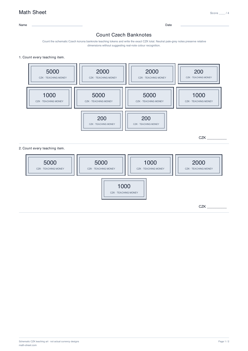 Printable count czech banknotes worksheet preview