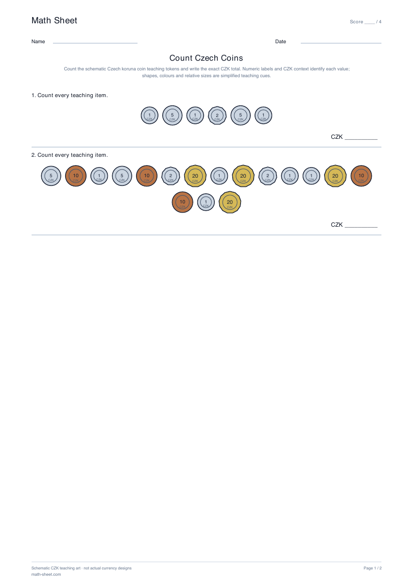 Printable count czech coins worksheet preview