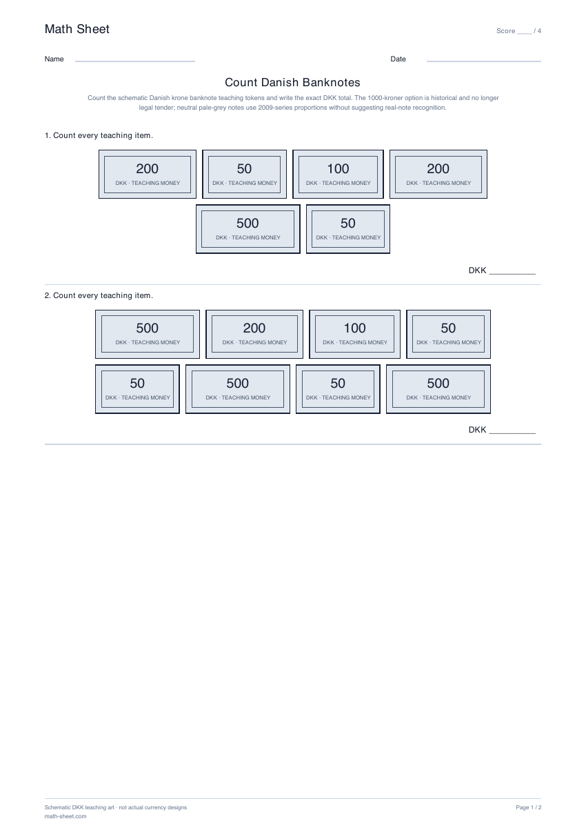 Printable count danish banknotes worksheet preview