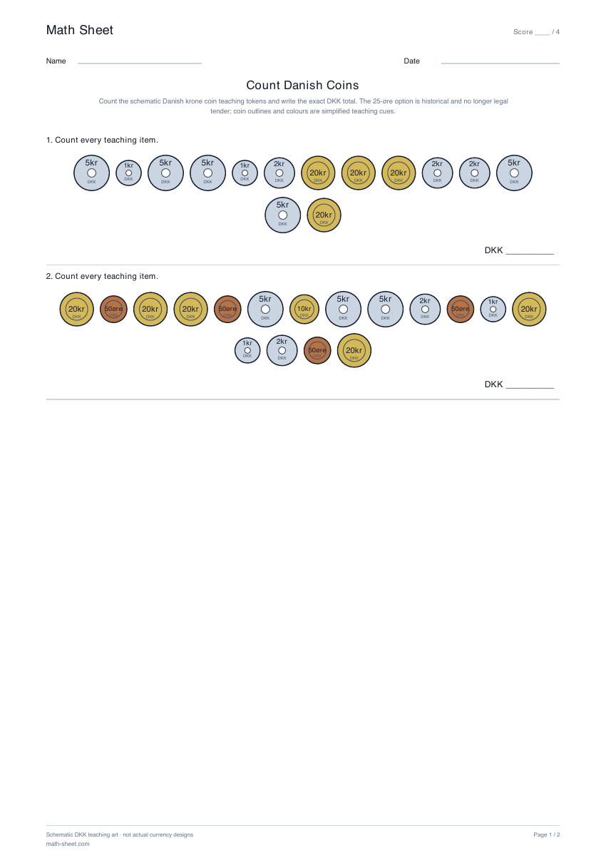 Printable count danish coins worksheet preview