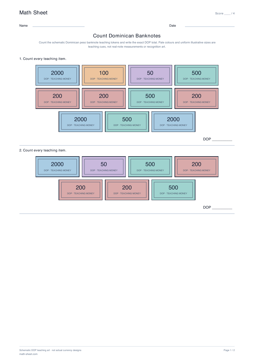 Printable count dominican banknotes worksheet preview