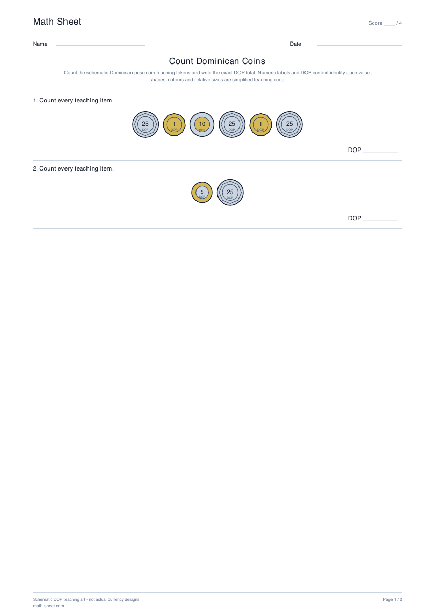Printable count dominican coins worksheet preview