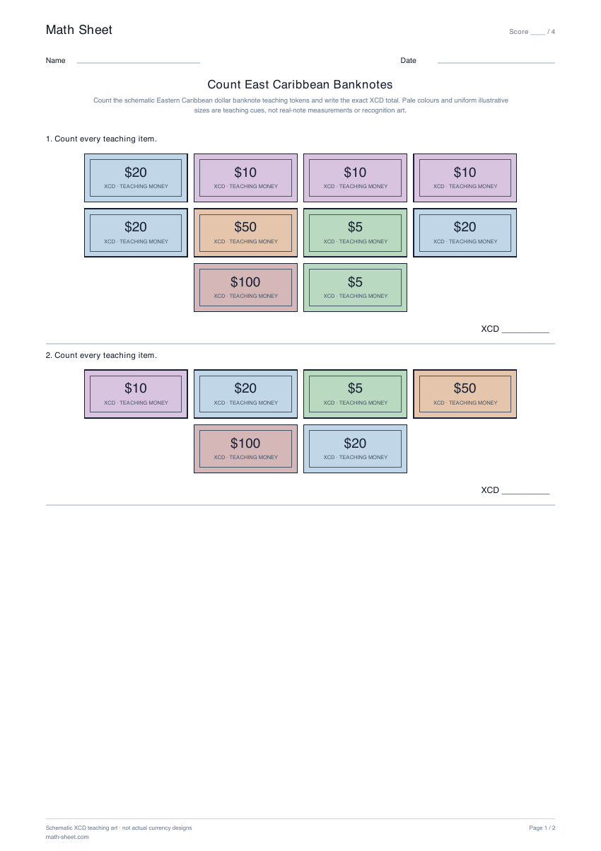 Printable count east caribbean banknotes worksheet preview