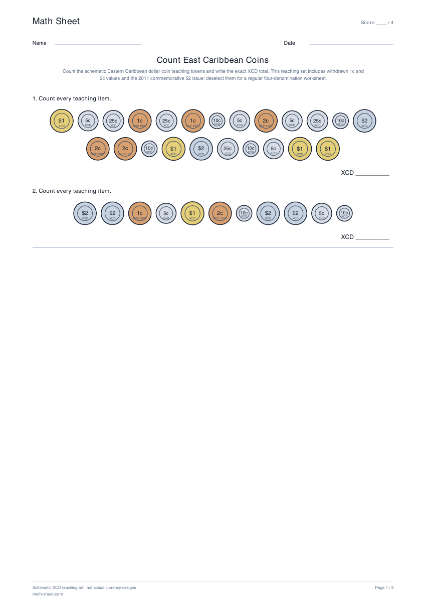 Printable count east caribbean coins worksheet preview