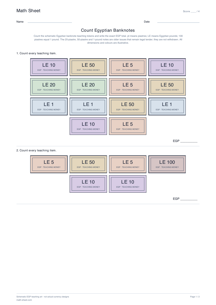 Printable count egyptian banknotes worksheet preview