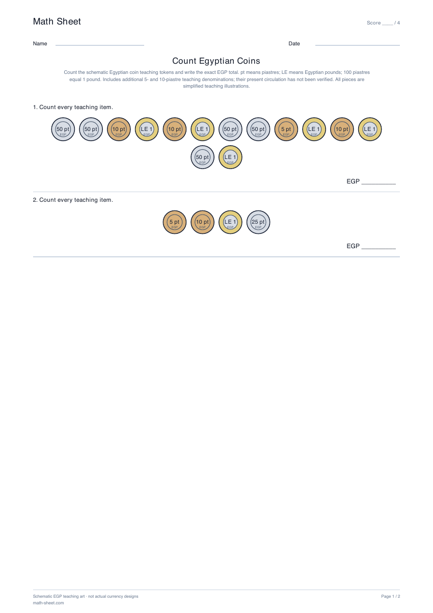 Printable count egyptian coins worksheet preview
