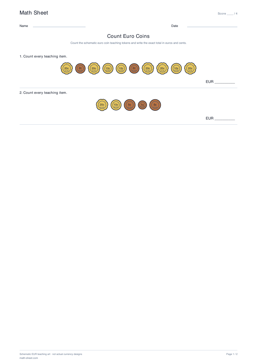 Printable count euro coins worksheet preview