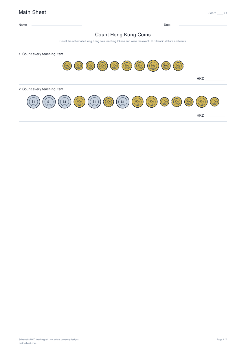 Printable count hong kong coins worksheet preview